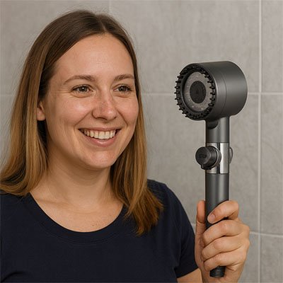 Pommeau de douche haute pression mode-arret-femme-contente-son-achat-econoflow