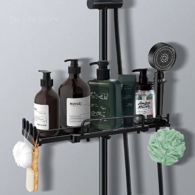 Etagere telescopique douche noir extensible avec brosse organizplus