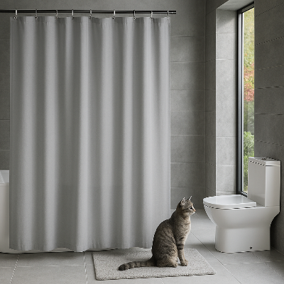 Rideau douche avec chat sur tapis Freshrideau