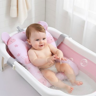 Coussin de baignoire pour bebe souriant sur tapis rose SecuriConfort