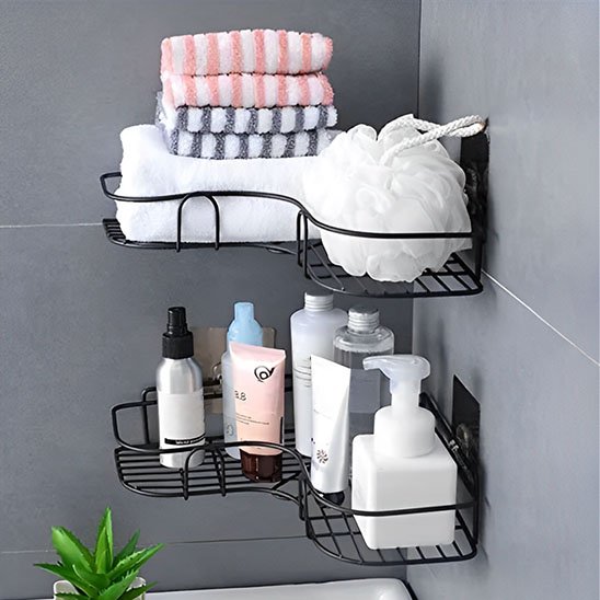 Etagère de douche rempli produits deux etages