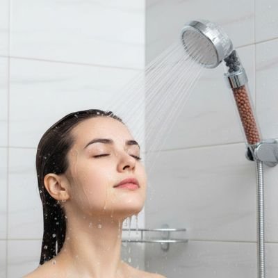 Pommeau de douche filtrant-apaisant-montrant-filtre-bille-marron-purespa
