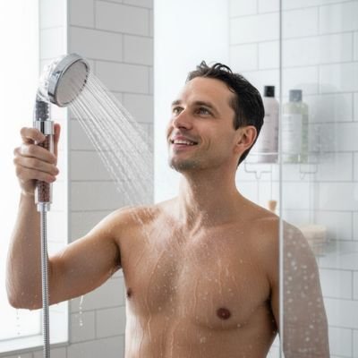 Pommeau de douche filtrant jet eau apaisant sur homme purespa