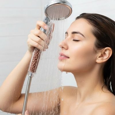 Pommeau de douche filtrant jet eau avec filtre apaisant sur femme purespa