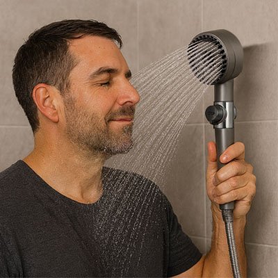 Pommeau de douche haute pression avec-mode-jet-eau-relaxant-plus-bouton-marche-arrret-ecoflow