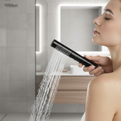 Pommeau de douche noir entre mains femme ecopress