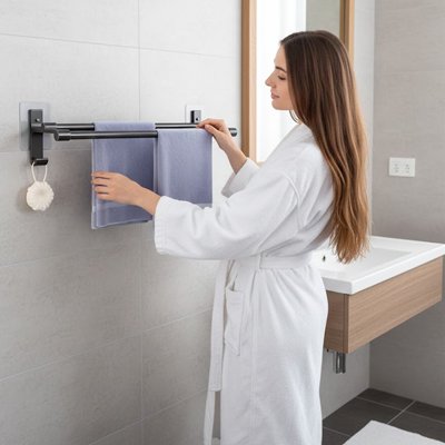 Porte serviette salle de bain avec deux serviettes cote lavabo Double design