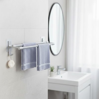 Porte serviette salle de bain avec deux serviettes cote miroir Double design