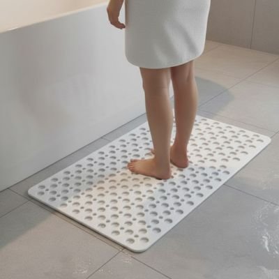 Tapis de bain antidérapant blanc avec gros troues homme prêt faire douche ultra adhérant
